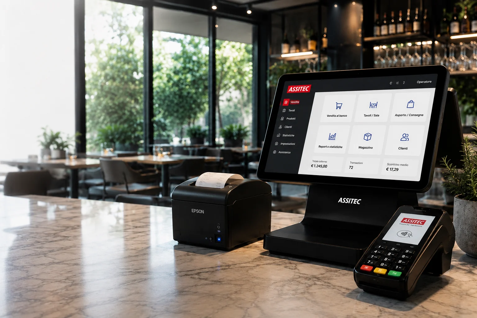 Sistema POS ASSITEC in un ristorante premium con stampante Epson e terminale di pagamento.